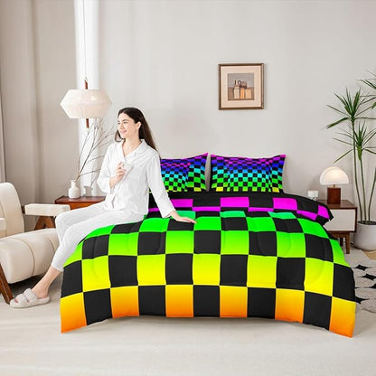 Multicolored Checkered Retro Comforter Set With Sheets 7 Piece King Size Geometric Vintage Bed in a Bag Kids Boys Girls Colorful Bedding Set Modern Groovy Aesthetic Bedroom Decor Breathable Soft