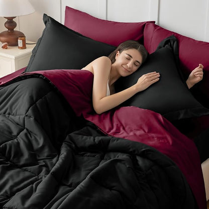 JOLLYVOGUE Twin Comforter Set, Ultra-Soft Bed in a Bag Twin Size 5 Pieces, Oeko-TEX Certified Bedding Set with Down Alternative Comforter, Sheets, Pillowcases & Shams, Burgundy & Black