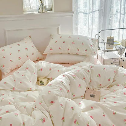 Nayoroom Pink Floral Comforter Set Queen Size Coquette Tulip Printed on White Comforter 3 Pcs Kids Girls Soft Lightweight Cute Bedding Set for All Seasons (1 Comforter, 2 Pillow Shams)