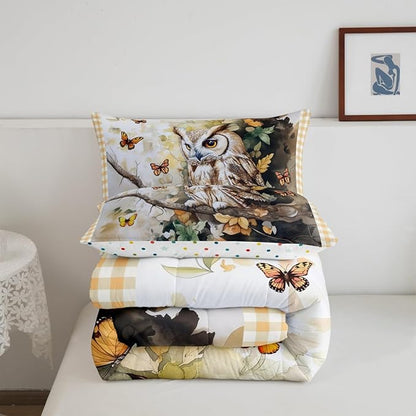 Owl Birds Kids Comforter Sets Queen,Jungle Exotic Birds Bedding Comforter Sets,Geometric Grids Quilt Sets for Boys Adult Bedroom Decor,Watercolor Butterfly Leaves Duvet Insert with 2 Pillowcases