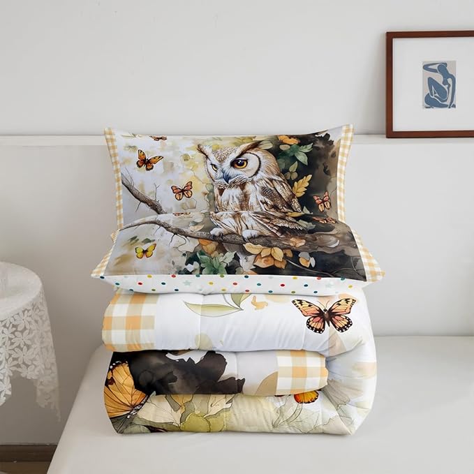 Manfei Owl Birds Kids Comforter Sets Full,Jungle Exotic Birds Bedding Comforter Sets,Geometric Grids Quilt Sets for Boys Adult Bedroom Decor,Watercolor Butterfly Leaves Duvet Insert with 2 Pillowcases