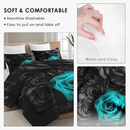 King Size Comforter Set with 2 Pillowcases, Cyan Rose Flower 3 Pcs Bedding for Kids and Adults, Summer Vintage Floral Soft Comforter Set for Bedroom Bed Decor