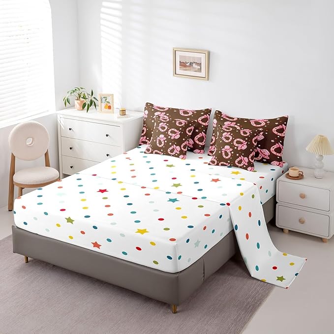 Feelyou Pink Western Cowgirl Comforter Set with Sheets Full Size Kids Rodeo Horseshoe Hat 7 Pieces Bedding Set for Boys Girls Teens West Cowboy Bed in a Bag Grunge Design Bed Set