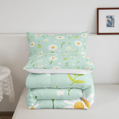 Manfei Cute Flower Comforter Set King Size, Botanical Theme Floral Print Bedding Set 3pcs for Kids Girls Room Decor, Watercolor Daisy Quilt Set Soft Polyester Duvet Set with 2 Pillowcases