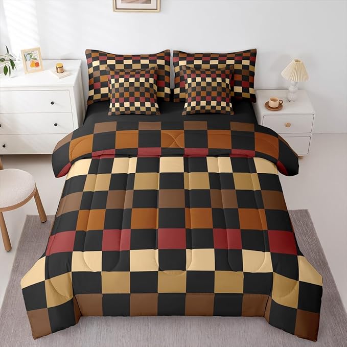 Feelyou Checkered Retro Comforter Set with Sheets 7 Piece King Size Brown Red Black Plaid Bed in a Bag Kids Boys Girls Geometric Vintage Bedding Set Modern Simple Groovy Aesthetic Bedroom Decor Soft