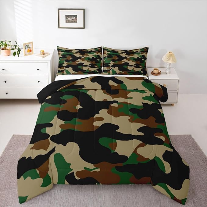 Erosebridal Camouflage Comforter Set Toddler Size Camo Bedding Set for Kids Boys Girls Dark Green Brown Black Comforter Rustic Farmhouse Abstract Quilt Bedroom Decor