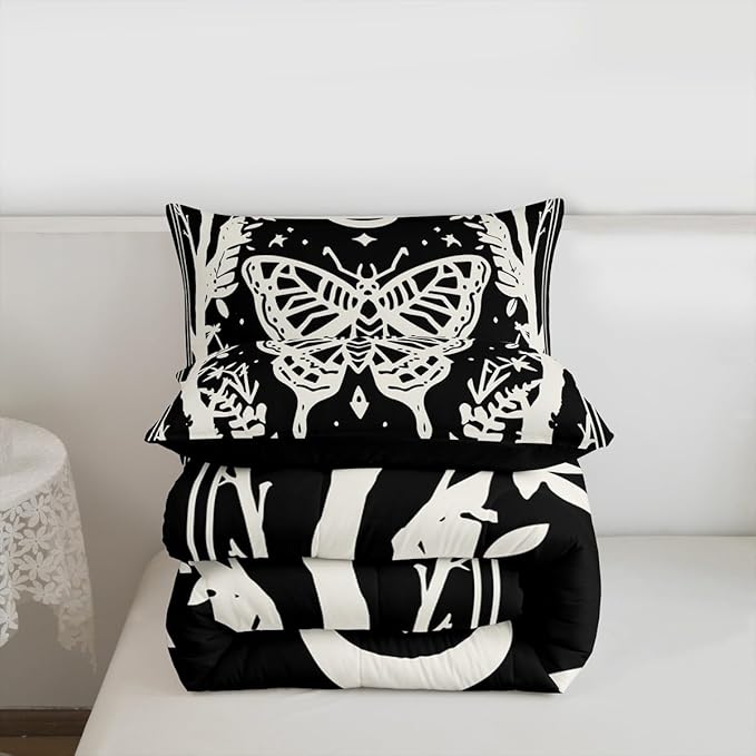 Erosebridal Boys Goth Moth Comforter Set Toddler, Halloween Horror Bedding Set Gothic Butterfly Comforter for Kids Teens Women Men Gothic Home Decor, Sun and Moon Retro Terror Theme Black Quilt