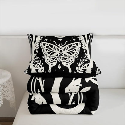 Erosebridal Boys Goth Moth Comforter Set Full, Halloween Horror Bedding Set Gothic Butterfly Comforter for Kids Teens Women Men Gothic Home Decor, Sun and Moon Retro Terror Theme Black Quilt