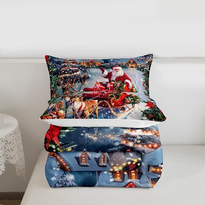 Santa Claus Comforter Set Full Size,Merry Christmas Bedding Set 3Pcs for Kids Girls Boys Teens Room Decor,Elk Deer Sled and Xmas Tree Quilt Set Rustic Farmhouse Duvet Insert,2 Pillowcases