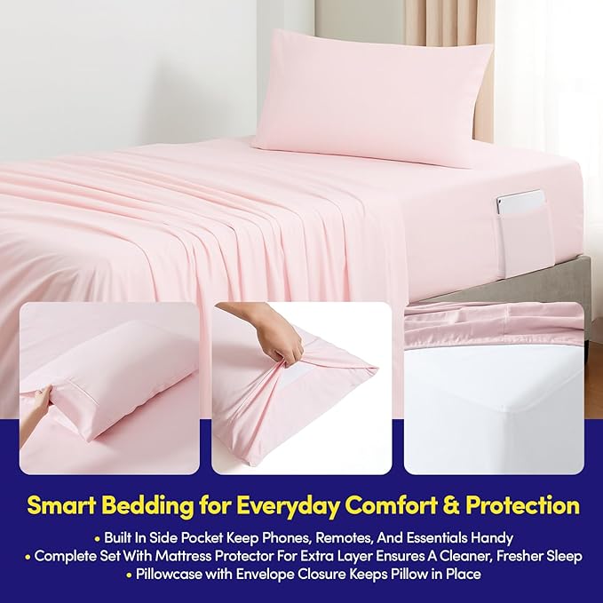 Twin Size Comforter Set Quilted Stripe Bedding Bundle – Stylish Set with Comforter, Mattress Protector, Sheet Set & Pillow Shams — Sophisticated Striped Design for Home & Guest Rooms, Pale Pink