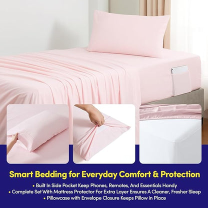 Twin Size Comforter Set Quilted Stripe Bedding Bundle – Stylish Set with Comforter, Mattress Protector, Sheet Set & Pillow Shams — Sophisticated Striped Design for Home & Guest Rooms, Pale Pink