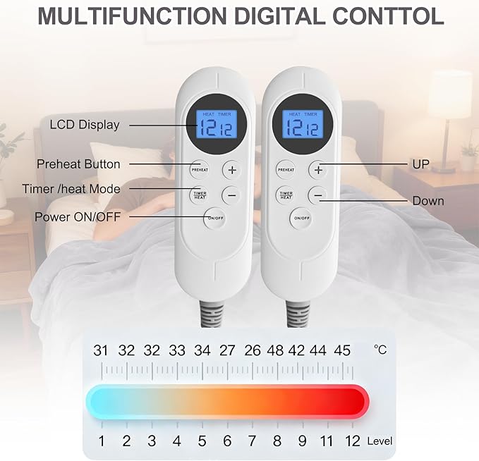 Electric Heated Blanket King Size 90''x100'', Soft Dual-Sided Flannel with Dual Control, 12 Heat Settings, 12H Timer, ETL FCC Certified, Overheat Protection, Machine Washable