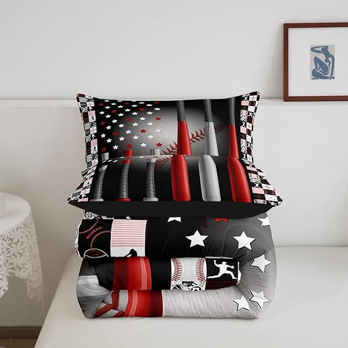 Erosebridal Baseball Comforter Set Twin,Softball American Flag Duvet Insert for Kids Boys Girls,Sports Game Duvet Insert Bedroom Decor,Geometric Stars Striped Down Comforter with 1 Pillow Sham