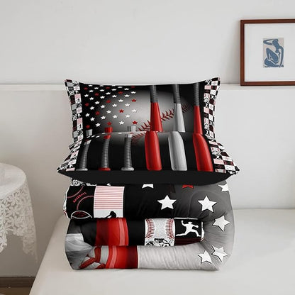 Erosebridal Baseball Comforter Set Twin,Softball American Flag Duvet Insert for Kids Boys Girls,Sports Game Duvet Insert Bedroom Decor,Geometric Stars Striped Down Comforter with 1 Pillow Sham