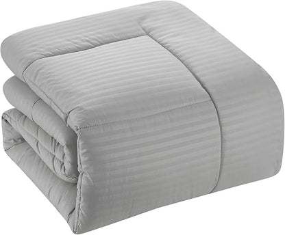 King Size Comforter Set 8 Piece Bed in a Bag with Bed Skirt, Fitted Sheet, Flat Sheet, 2 Pillowcases, 2 Pillow Shams, King, Dobby Silver
