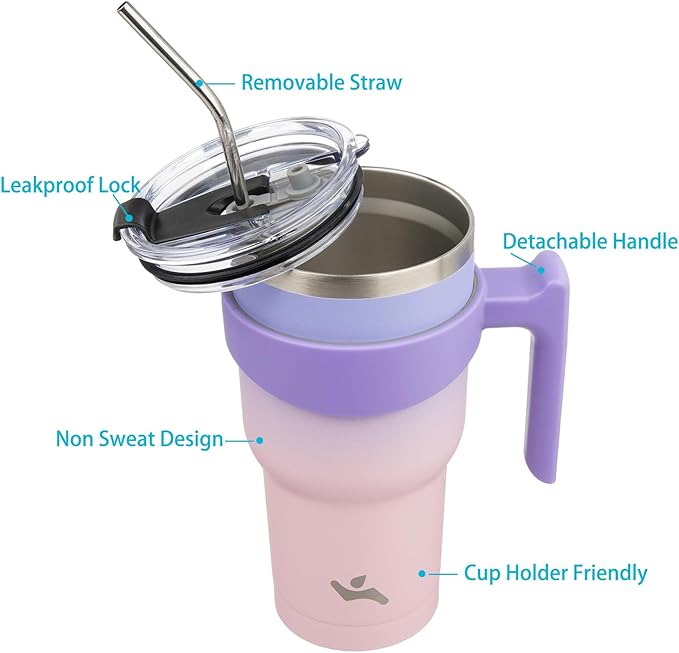 40 oz Tumbler with Handle and 2 Straw 2 Lid, Insulated Water Bottle Stainless Steel Vacuum Cup Reusable Travel Mug,Pastel Sunset