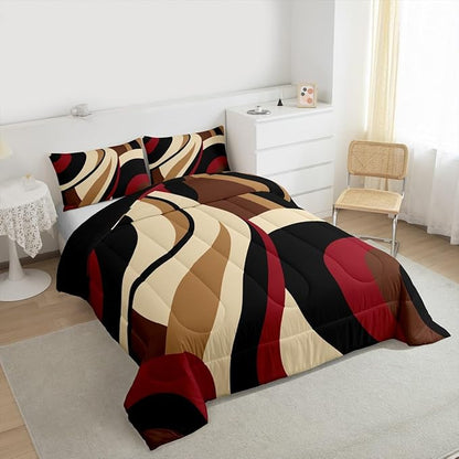 Red Brown Spiral Queen Comforter Set for Adult Women Men Modern Swirls Stripes Abstract Bedding Set for Minimalists Boho Aesthetic Geometric Bed Sets Graffiti Art Lines Quilt Duvet Insert