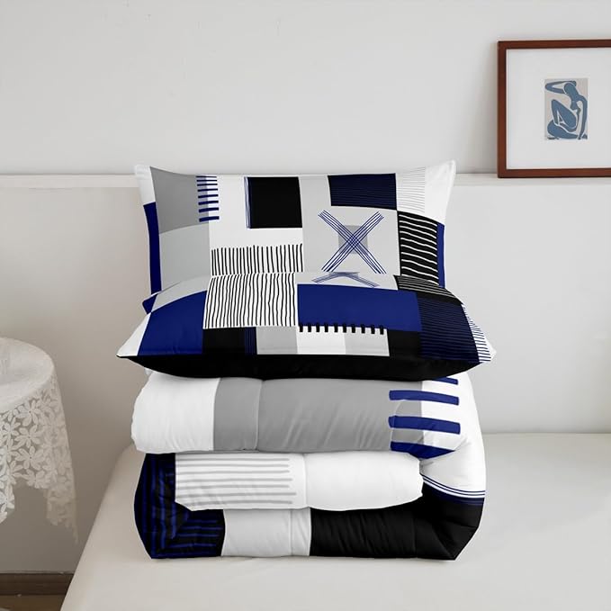 Erosebridal Navy Blue Grey Boys Comforter Set King Black White Abstract Bedding Set for Kids Teen Men Geometric Square Quilt Grids Checkered Duvet Insert Modern Fashion Room Decor 3 Pcs