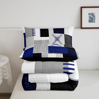 Erosebridal Navy Blue Grey Boys Comforter Set King Black White Abstract Bedding Set for Kids Teen Men Geometric Square Quilt Grids Checkered Duvet Insert Modern Fashion Room Decor 3 Pcs