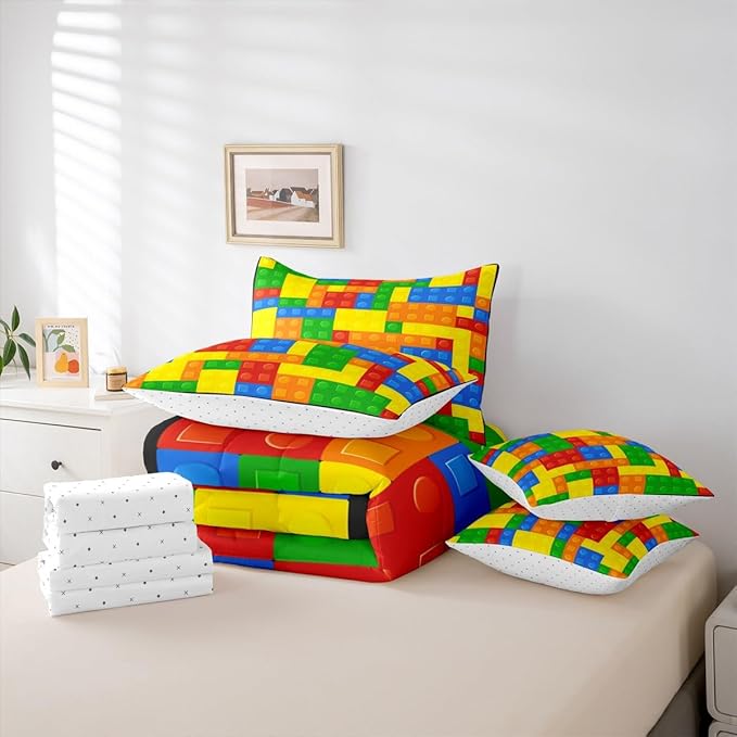 Kids Games Comforter Set 7 Pcs King Size,Cartoon Construction Bedding Set for Child Boys Room Decor Color Building Blocks Gaming Theme Fitted Flat Sheet 2 Throw Pillow Covers 2 Pillowcases