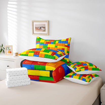 Kids Games Comforter Set 7 Pcs Queen Size,Cartoon Construction Bedding Set for Child Boys Room Decor Color Building Blocks Gaming Theme Fitted Flat Sheet 2 Throw Pillow Covers 2 Pillowcases