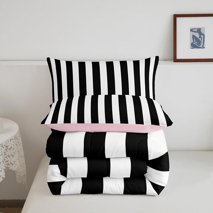 Erosebridal Black and White Striped King Comforter Set (Pink Reversible) | Striped Bedding Set Pink and Black Comforter Sets for Kids Teens Adults Cute Pinstripe Girls Bed Quilt Sets