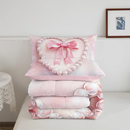 jejeloiu Girls Silk Bow Bedding Set King Size Pink Pearl Comforter Set for Kids Women Princess Style Duvet Set Pink Ombre Quilt Set 3Pcs