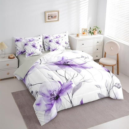 Erosebridal Bohemian Flower Twin 7 Pcs Bedding Set, Purple Floral Artistic Comforter Set with Sheets for Women, Elegant Watercolor Floral Boho Bed in A Bag, Ink Painting Style Blossom & Leaf Bed Sets