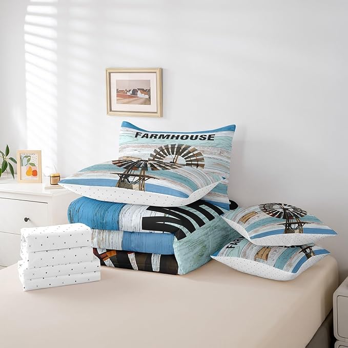 Erosebridal Full Size Windmill Comforter Set with Sheets & Pillows - 7-Piece Rustic Farmhouse Decor Bed-in-a-Bag