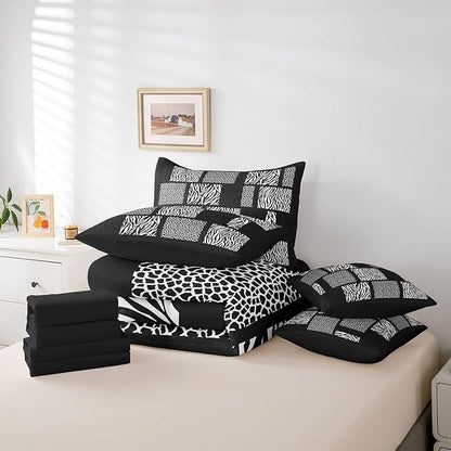 Leopard Print Bed Sets in a Bag 7 Pieces,Cheetah Zebra Skin Comforter Set Twin,Wildlife Animals Bedding Set with 1 Comforter,2 Sheets,2 Pillowcases & 2 Throw Pillow Covers,Modern Simple Style