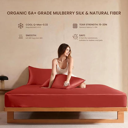 THXSILK Luxury Mulberry Silk Bed Sheets Set - 4pcs Silk Sheets Set 16" Deep Pocket - 1 Fitted Sheet, 1 Flat Sheet, 2 Pillowcases with Zipper Closure - Full, Red/Crimson