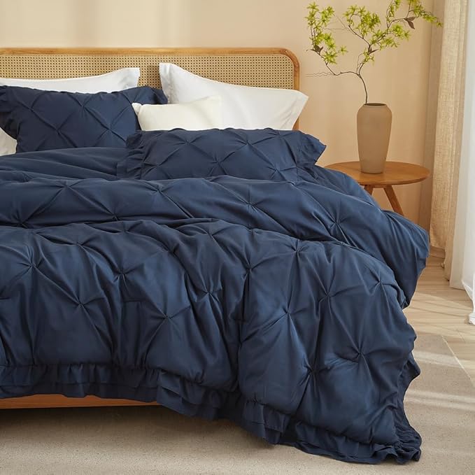 AMWAN Dark Blue Ruffled Pintuck Comforter Set Queen Size, Microfiber Pinch Pleated Comforter Set Vintage Shabby Chic Bedding, 3 Piece Brushed Comforter Set, 1 Ruffled Comforter with 2 Pillowcases