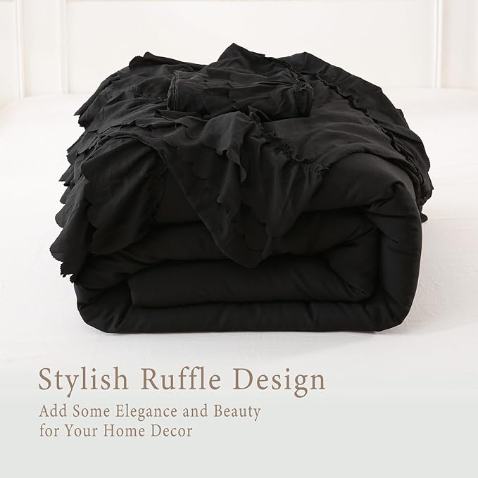 Herside Black Ruffle Comforter Set Queen Size,Shabby Chic Boho Bedding Sets, Soft Fluffy Comforters Sets for All Season,Vintage Ruffled 3 Pcs Microfiber Lightweight Quilt Set for Women Girls