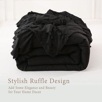 Herside Black Ruffle Comforter Set Queen Size,Shabby Chic Boho Bedding Sets, Soft Fluffy Comforters Sets for All Season,Vintage Ruffled 3 Pcs Microfiber Lightweight Quilt Set for Women Girls