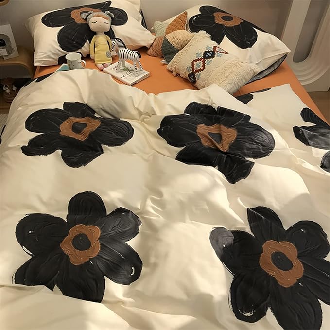 KAREVER Black Floral Comforter Set Black Botanical Bedding Queen Women Chic Blankets Lightweight Black Sunflower Reversible Bed Comforter Set Queen Size