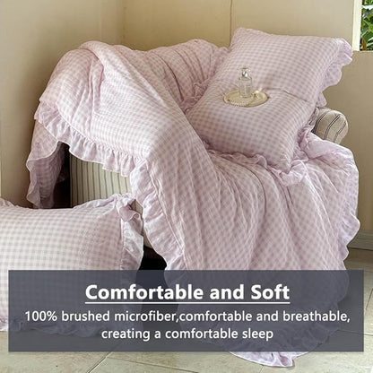 NSNLGSGC Pink Ruffle Gingham Comforter Set Queen, Pre-Washed Ruffled Plaid Checked Comforter Bedding, 3 Pieces Vintage Farmhouse Grid Bedding Set(Pink Gingham, Queen)