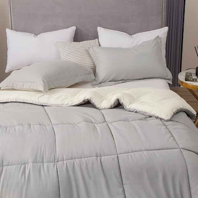 EMME King Comforter Set 7 Pieces Ultra Soft White and Grey Bedding Sets, King Bed in a Bag, All Season Bed Set with 1 Comforter, 1 Flat Sheet, 1 Fitted Sheet, 2 Pillowcases and 2 Pillow Shams