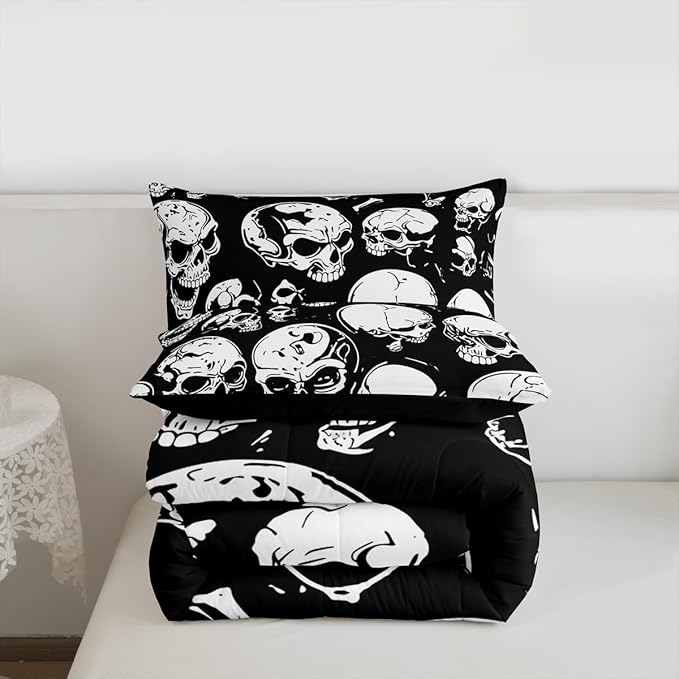 Erosebridal Boys Black Skull Comforter Set Toddler, Halloween Skeleton Skull Bedding Set, Gothic Skeleton Comforter for Kids Teens Adults Men Goth Room Decor, Terror Theme Black Quilt