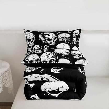 Erosebridal Boys Black Skull Full Bedding Set, Halloween Skeleton Skull Comforter Set, Gothic Skeleton Comforter for Kids Teens Adults Men Goth Room Decor, Terror Theme Black Quilt