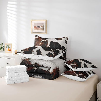 Milk Cow Print Bedding Comforter Sets 7-Piece Brown Cow Print Bed in a Bag, Faux Fur Pattern Twin Bedding Sets Grid Plaid Comforter Set Twin, Farmhouse Wildlife Hair Bedding Sets & Collections