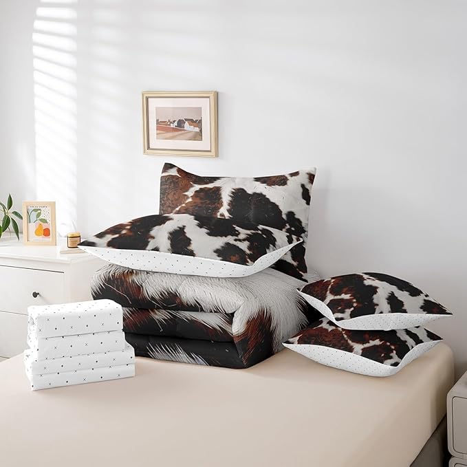 Erosebridal Milk Cow Print King Comforter Set 7pcs Brown Cow Print Bedding Comforter Sets, Faux Fur Pattern Bed in a Bag Grid Plaid Bedding Set, Farmhouse Wildlife Hair Bed Sheets Set