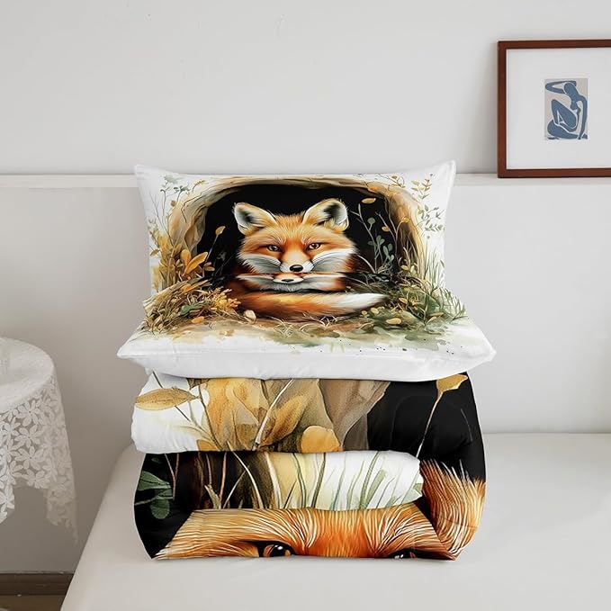 Manfei Fox Kids Comforter Sets Full Size,Cartoon Animal Cave Bedding Comforter Sets,Rustic Botanical Plants Quilt Sets for Boys Adult Bedroom Decor,Safari Animal Duvet Insert with 2 Pillowcases
