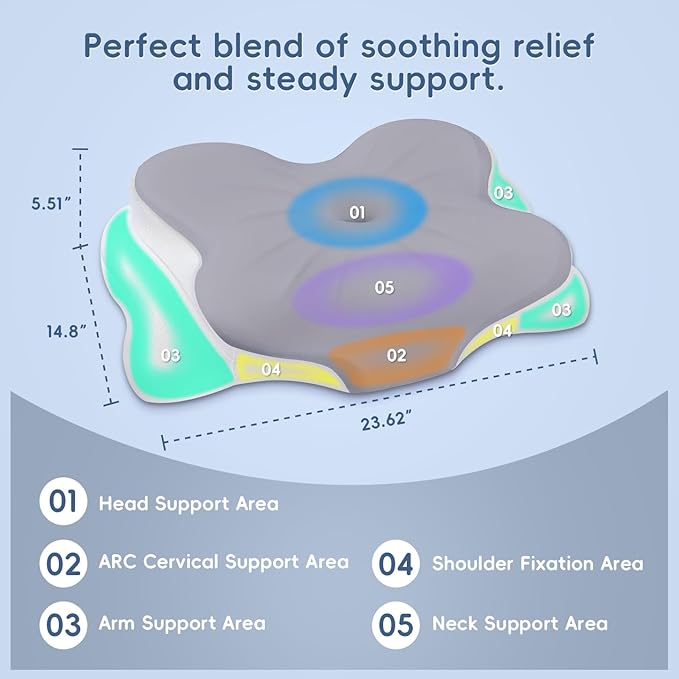 Cervical Neck Pillow, Ergonomic Memory Foam Pillows for Neck Pain Relief with Breathable Pillowcase, Adjustable Contour Neck Support Pillow for Side Back Stomach Sleepers, Odorless (Grey)
