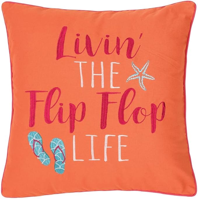 C&F Home Orange Flip Flop Life Beach Embroidered Cotton Blend Accent Throw Pillow Summer Sandals Nautical Coastal Tropical Caribbean Home Living Room Sofa Couch Chair Bed Bedroom Decor Decoration