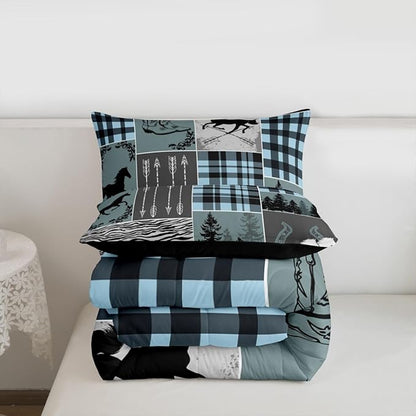 Erosebridal Western Cowboy Bedding Set Full, Horse Arrow Comforter Set with 2 Pillow Cases, Riding Boots Horseshoe Quilt Rustic Farmhouse Patchwork Duvet Insert for Kids Boys Teens Bedroom Decor