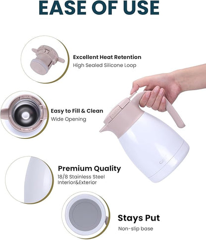 GiNT 1L / 34Oz Thermal Coffee Carafe, Insulated Stainless Steel Coffee Carafes for Keeping Hot/Double Walled Vacuum Thermal Carafe (White)