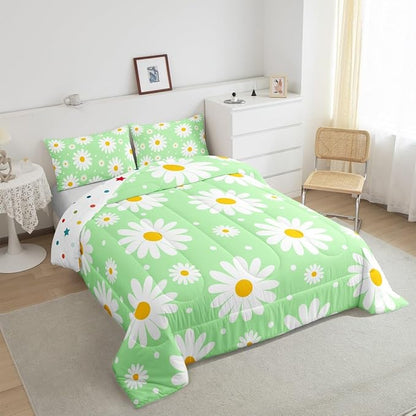 Erosebridal Girls Twin Bedding Set Green Daisy Floral Comforter Set for Kids Teen Adults,Cute Cartoon Flower Comforter Rustic Floral Daisy Duvet Insert for Bedroom All Season