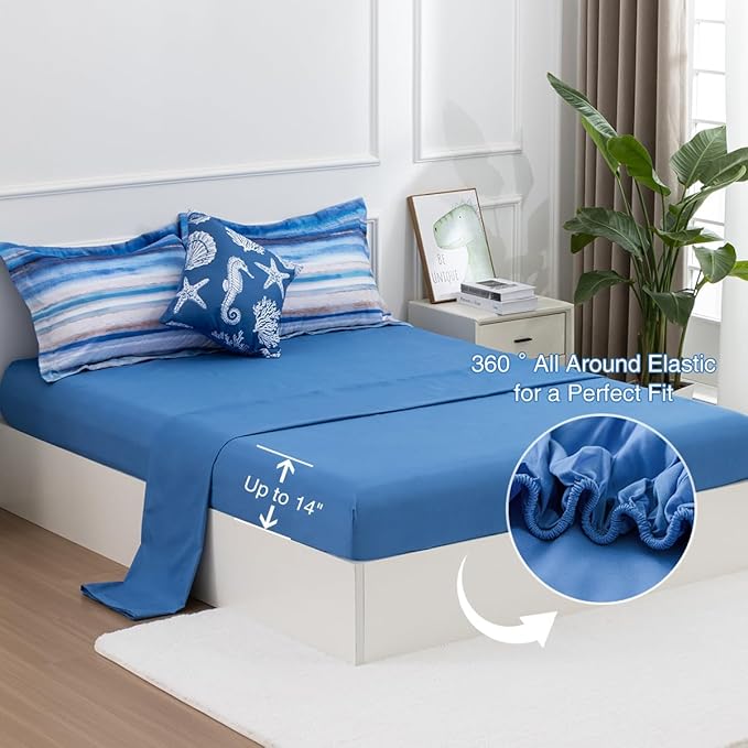 Holawakaka Beach Stripe Bedding Sets 6 Pieces, Blue Coastal Striped Comforter Set Queen Size All Season Geometric Bed Set, Nautical Bed in a Bag with Comforter, Sheets and Shams