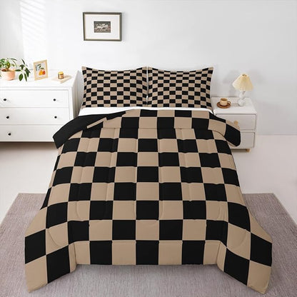 Feelyou Checkered Retro Kids Comforter Set Queen Size Brown Plaid Bedding Set Geometric Vintage Duvet Quilt for Kids Boys Girls Bedroom Modern Simple Groovy Aesthetic Decor