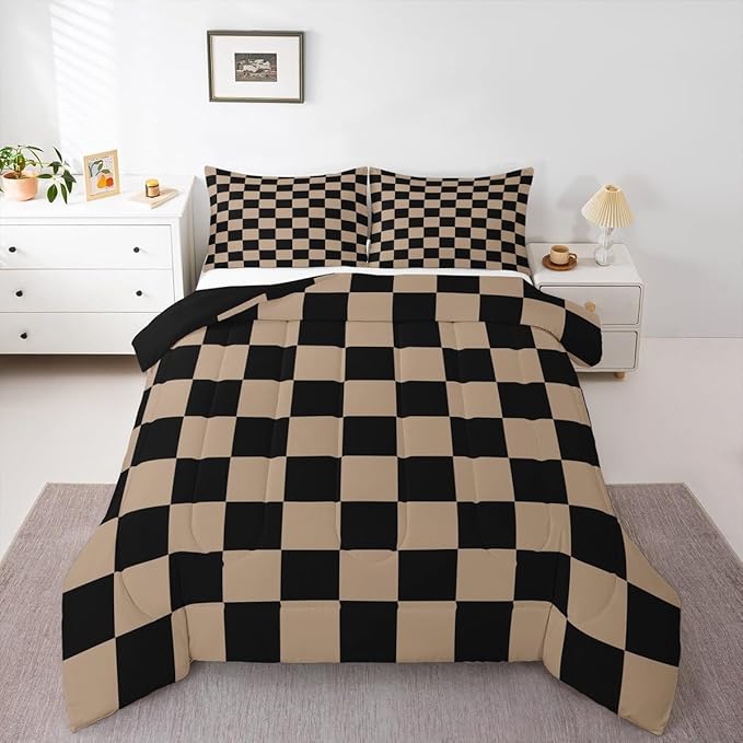 Feelyou Checkered Retro Kids Comforter Set Twin Size Brown Plaid Bedding Set Geometric Vintage Duvet Quilt for Kids Boys Girls Bedroom Modern Simple Groovy Aesthetic Decor